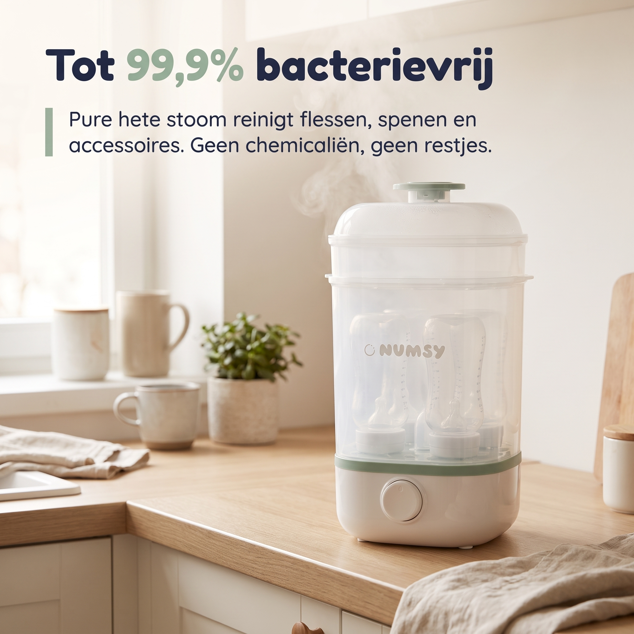 Zo werkt de Numsy Steamy: water erin, flesjes erin, drukken