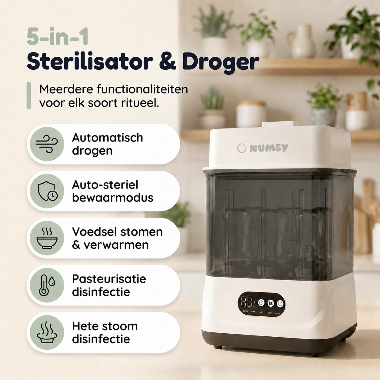 Numsy Steamix Max bewaart flessen tot 72 uur steriel achter de donker getinte kamer