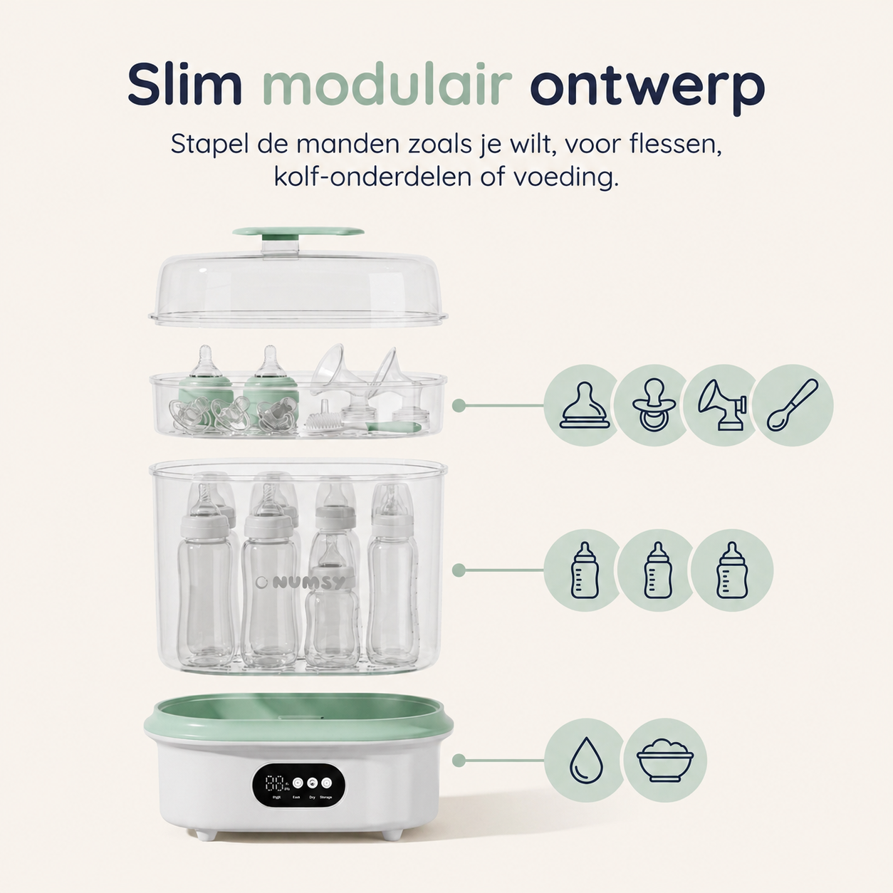 Inhoud doos Numsy Steamix Plus: basis, grote mand, kleine mand, deksel, handleiding