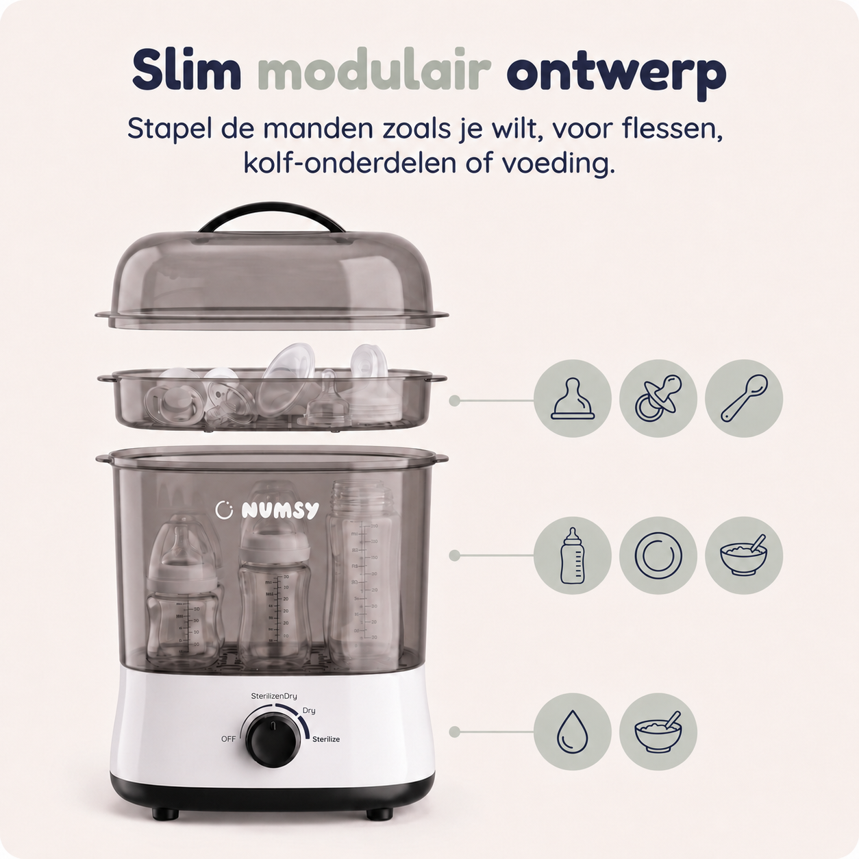 Capaciteit Numsy Steamix Pro: 6 tot 8 flessen, kolfonderdelen en speentjes