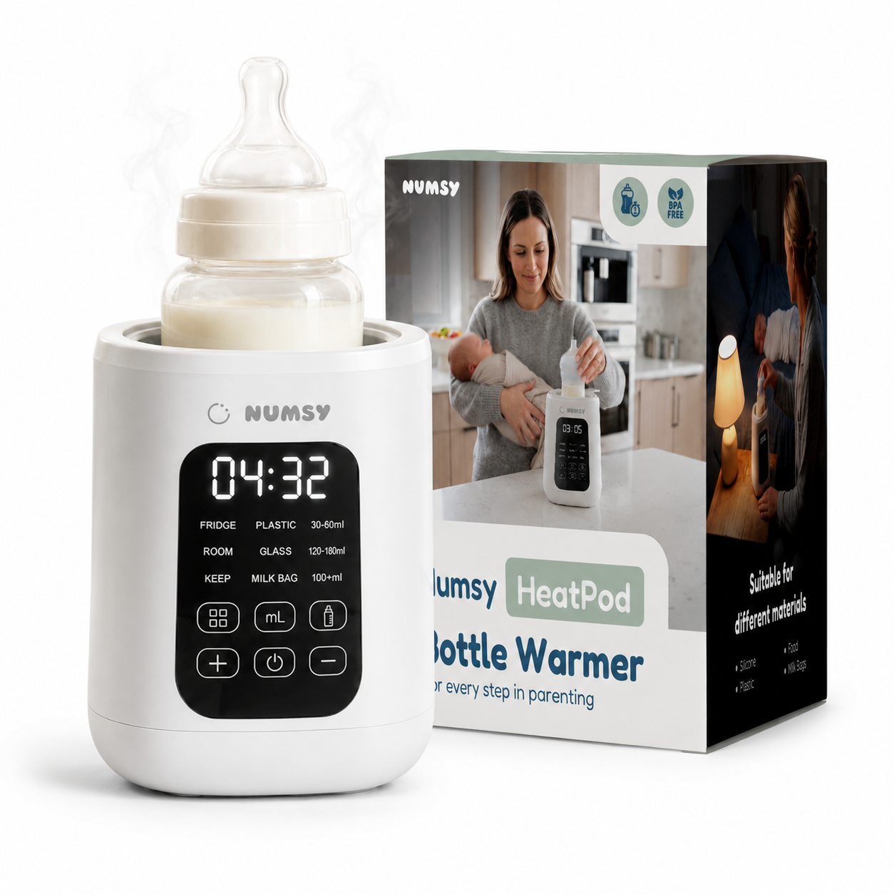Numsy HeatPod flessenwarmer met fles, vooraanzicht met verpakking