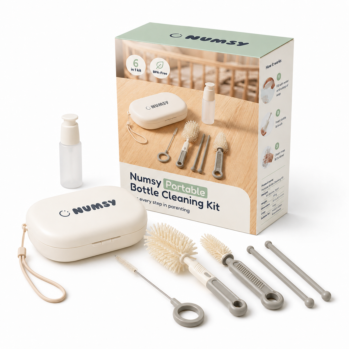 Numsy 6-in-1 Draagbare Flessenborstel Schoonmaakset