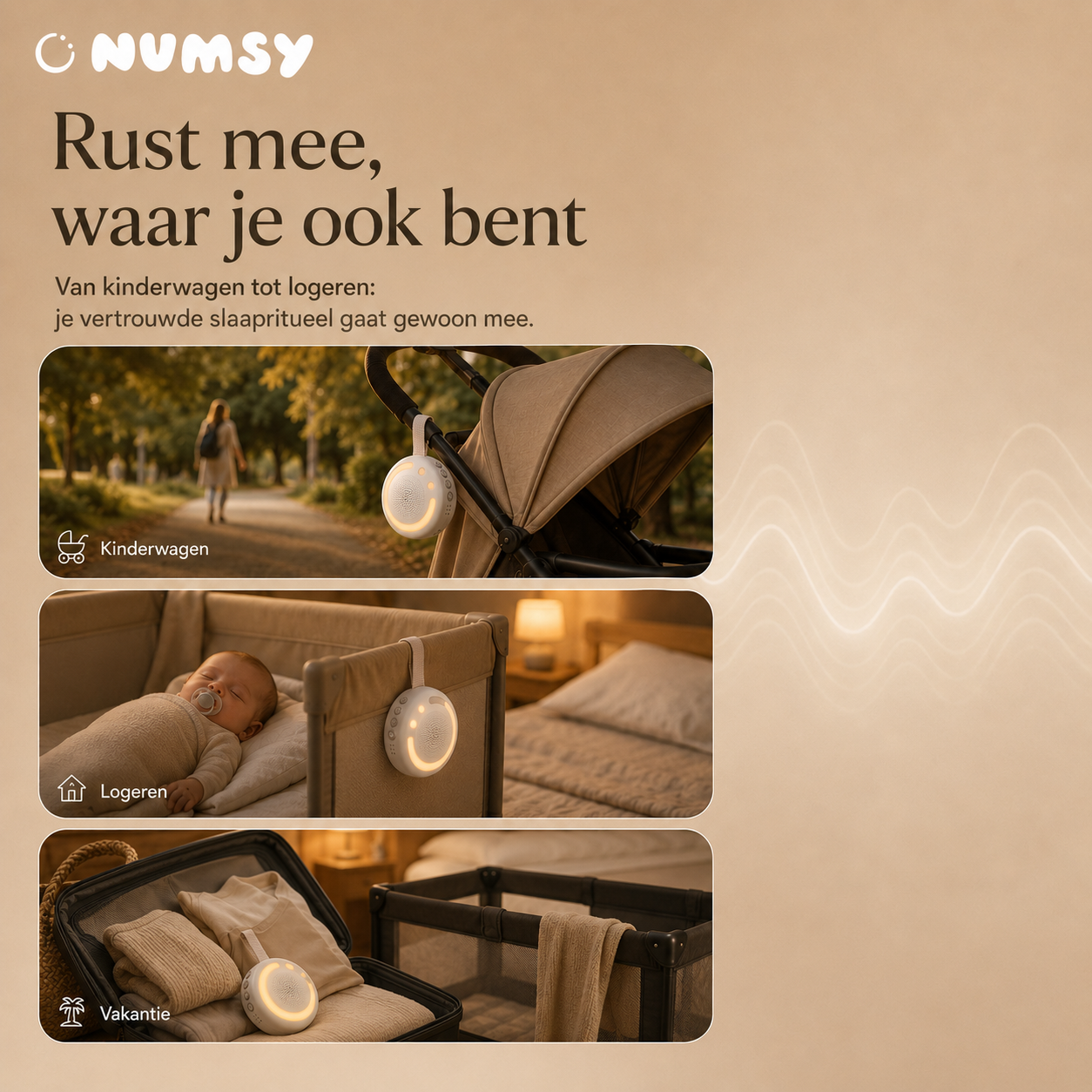 Compacte draadloze Numsy Shush ophangbaar in auto, kinderwagen of op reis
