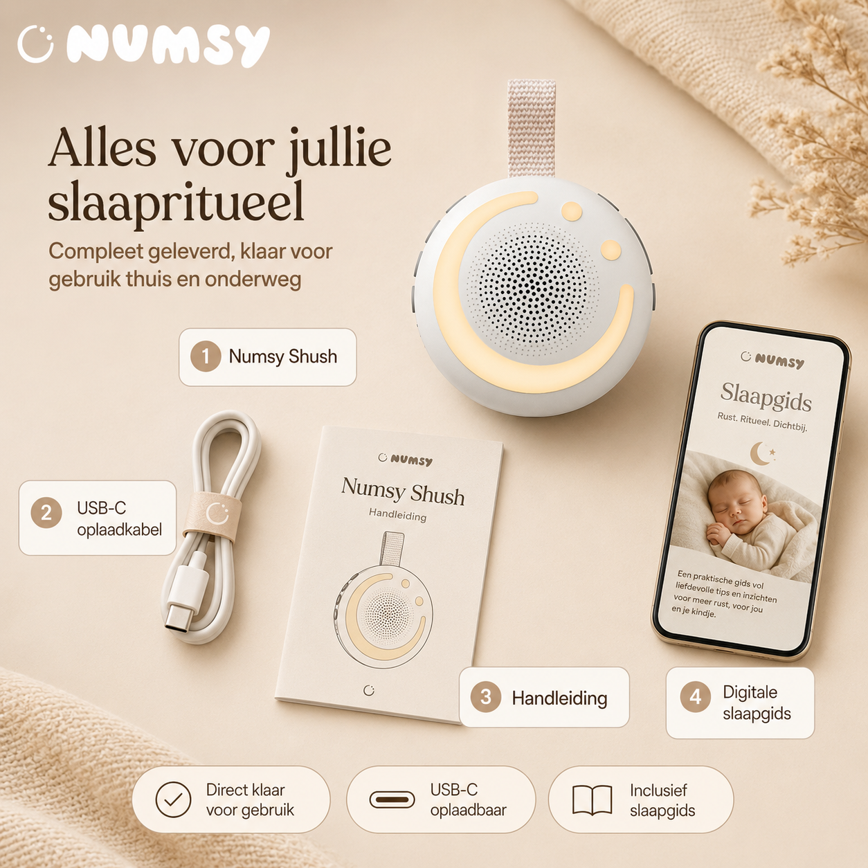 Inhoud Numsy Shush doos: apparaat, USB-C kabel, ophangkoordje en handleiding