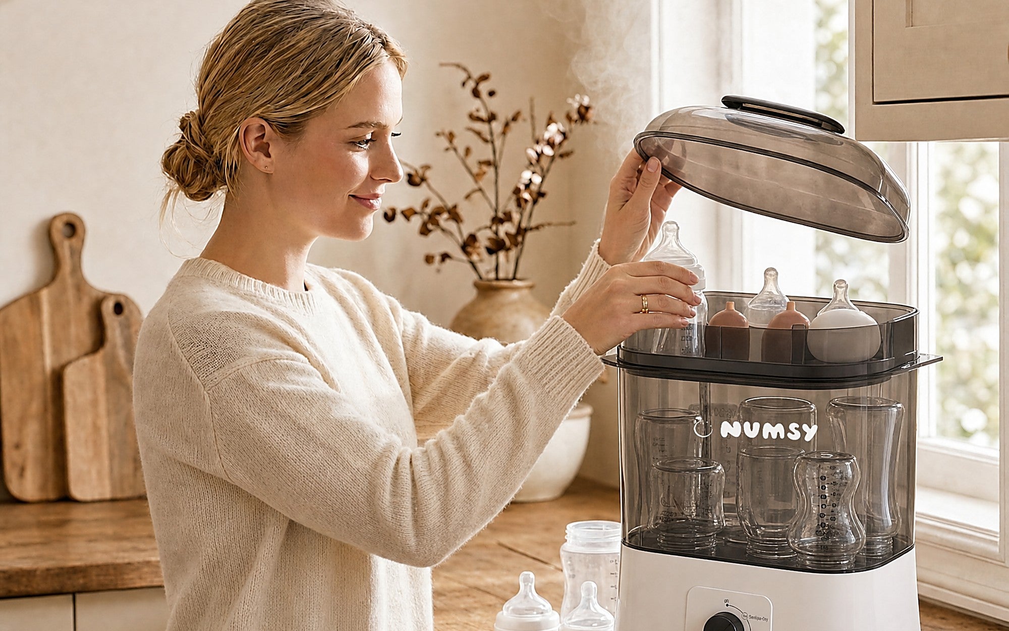 Moeder legt een fles in de Numsy Steamix Pro
