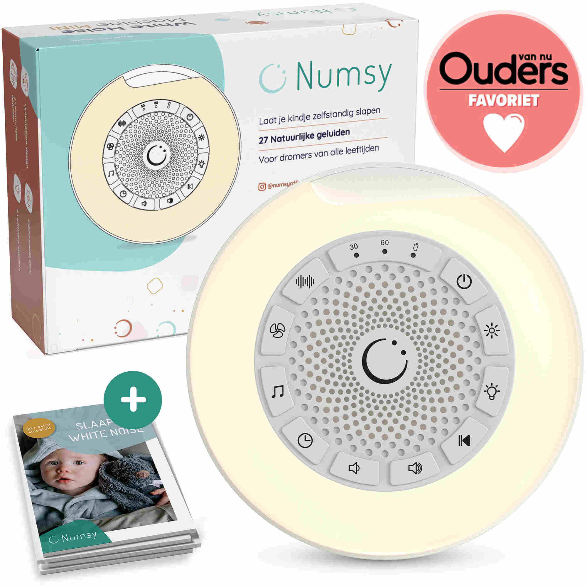 Red and white sleep sound machine with various function buttons.