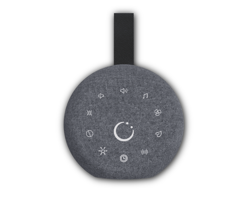 Red and white sleep sound machine with various function buttons.