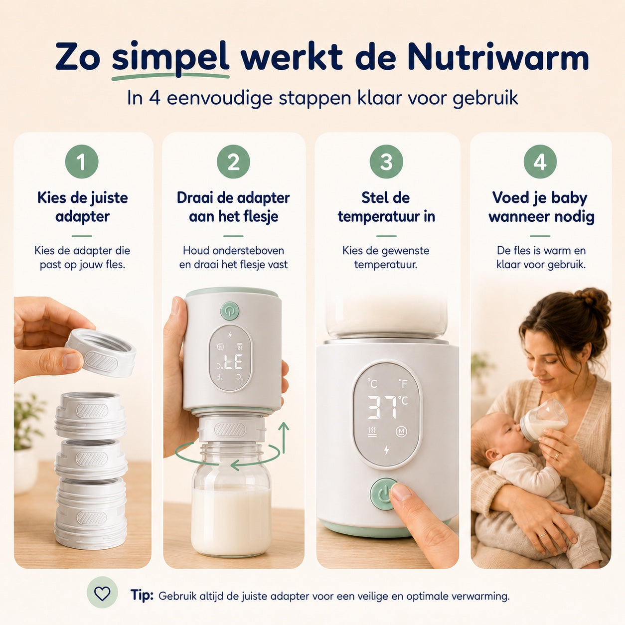 Numsy Nutriwarm Draagbare Flessenwarmer Onderweg - 6 Adapters - 4 Standen