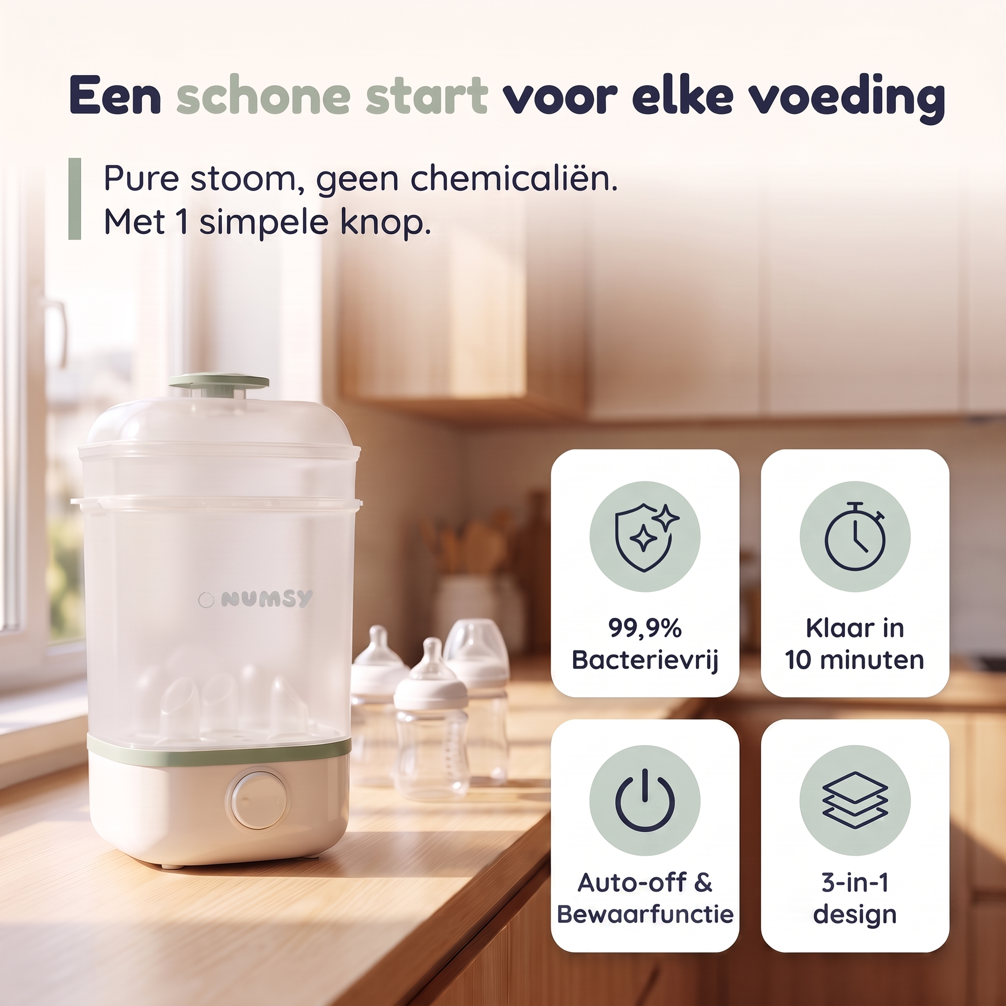 Numsy Steamy: 4 voordelen in één beeld, steriel in 10 minuten met één knop