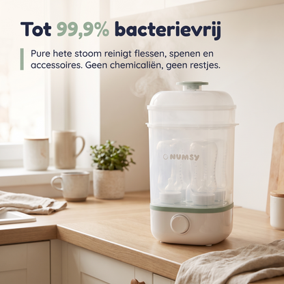 Zo werkt de Numsy Steamy: water erin, flesjes erin, drukken