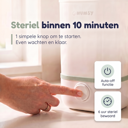 Numsy Steamy bewaart flesjes tot 6 uur steriel met de deksel dicht