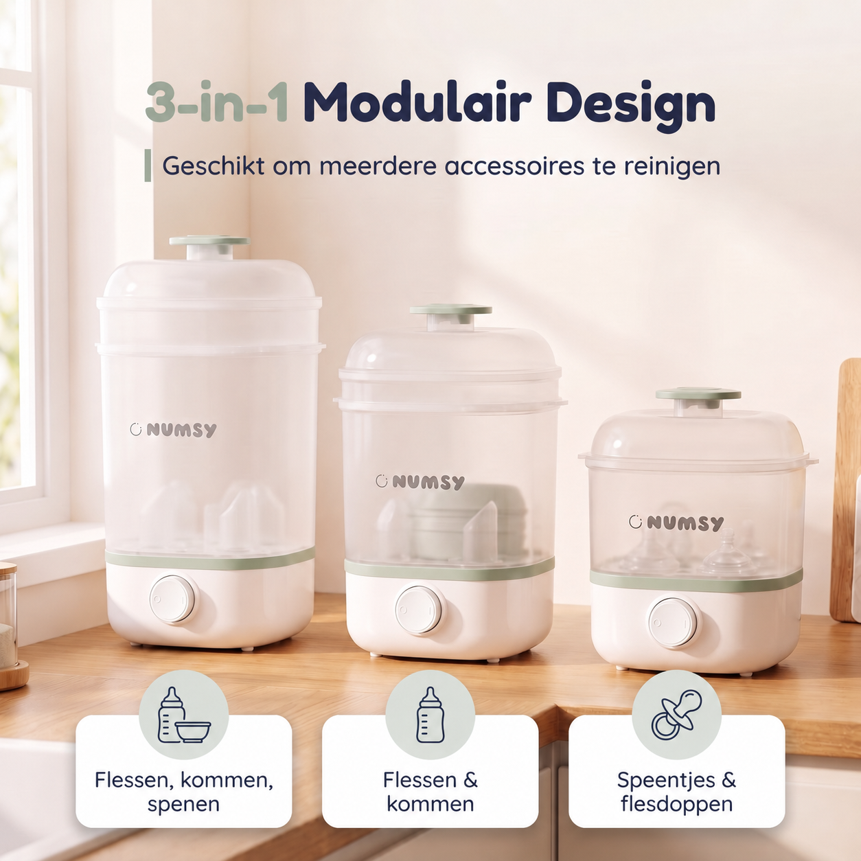 3 hoogtestanden van de Numsy Steamy: flessen, kommen, spenen of doppen