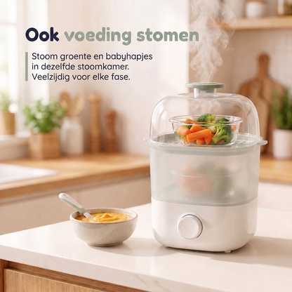 Capaciteit Numsy Steamy: 5 flessen plus spenen, doppen en accessoirebakje