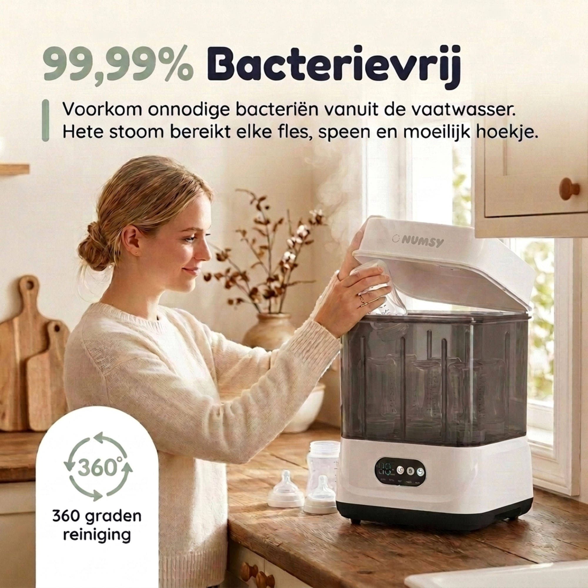 Zo werkt de Numsy Steamix Max: water erin, flessen erin, programma kiezen