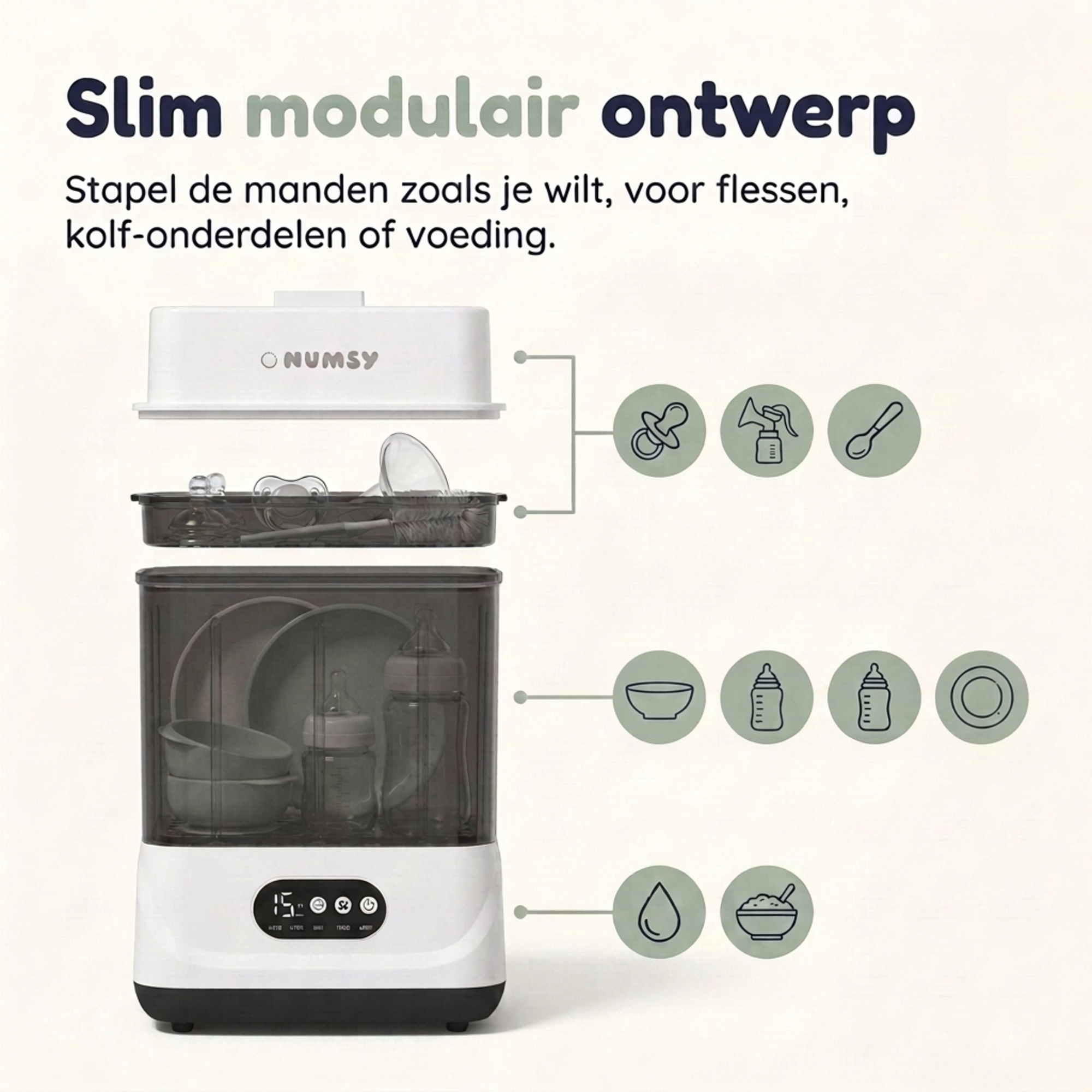 Inhoud doos Numsy Steamix Max: deksel, stapelbare manden, 2 extra luchtfilters, handleiding