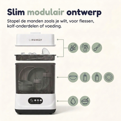 Inhoud doos Numsy Steamix Max: deksel, stapelbare manden, 2 extra luchtfilters, handleiding