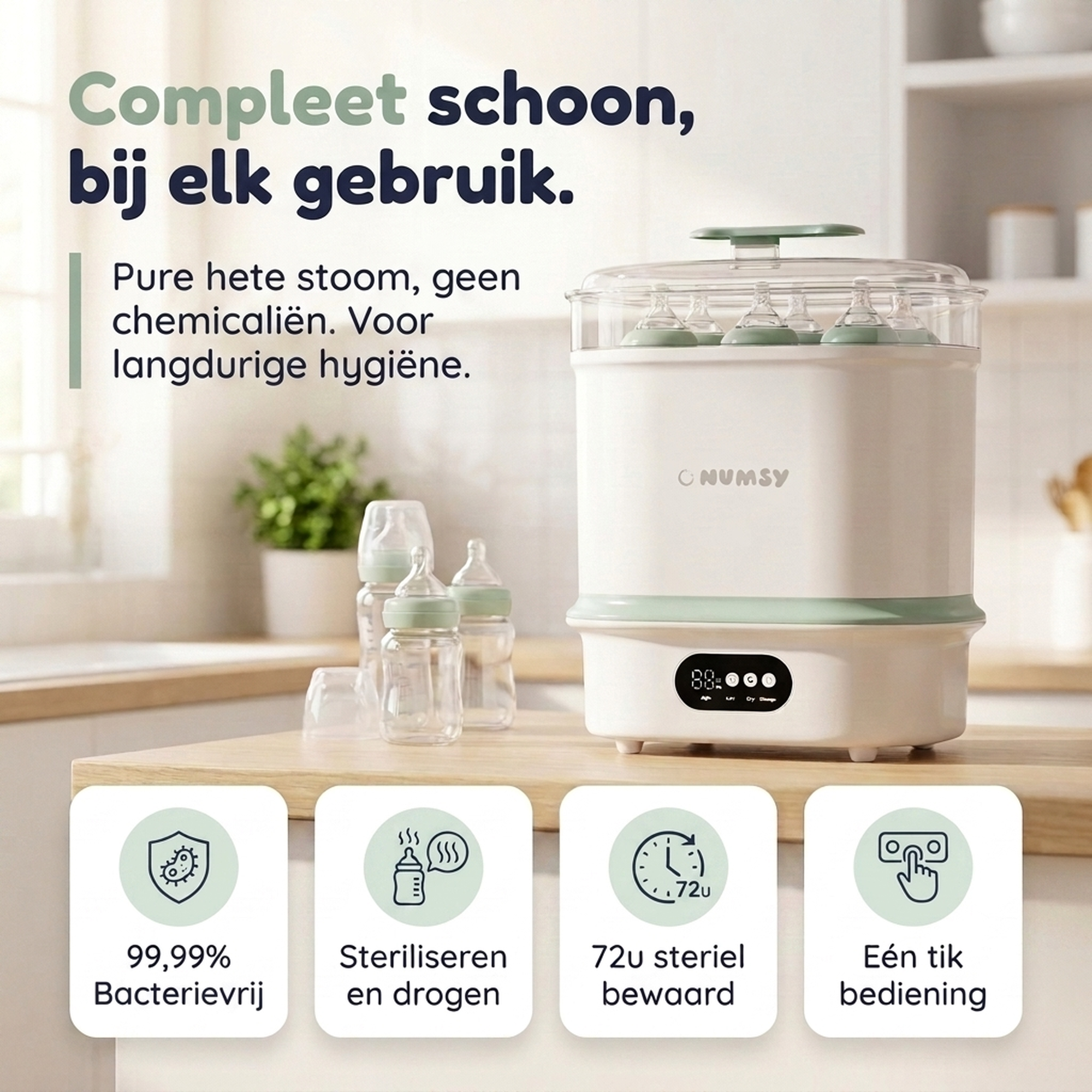 Numsy Steamix Plus: 4 voordelen in één beeld, steriel, droog, 72 uur bewaard, fluisterstil