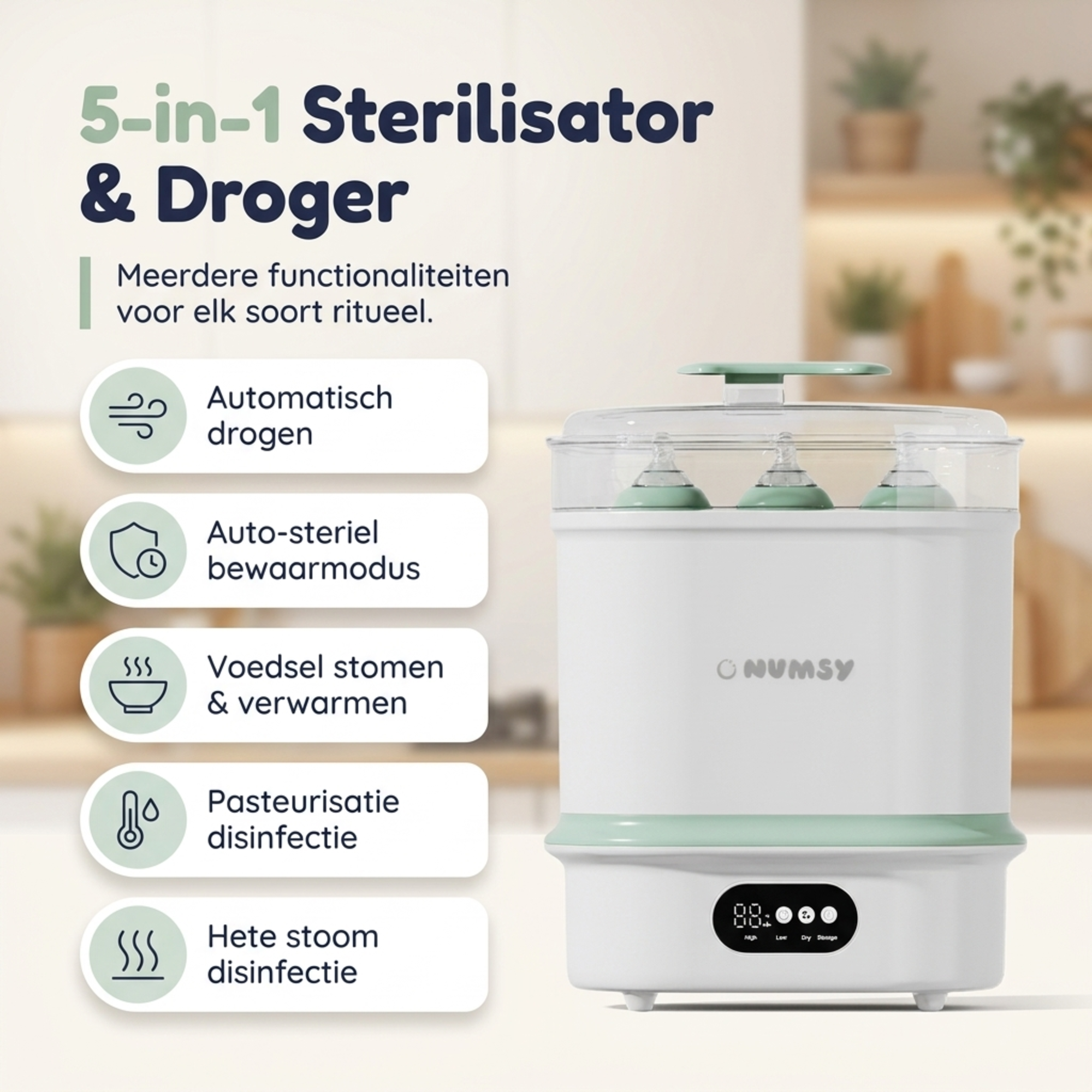 Numsy Steamix Plus bewaart flessen tot 72 uur steriel