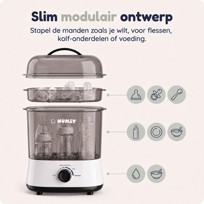 Capaciteit Numsy Steamix Pro: 6 tot 8 flessen, kolfonderdelen en speentjes