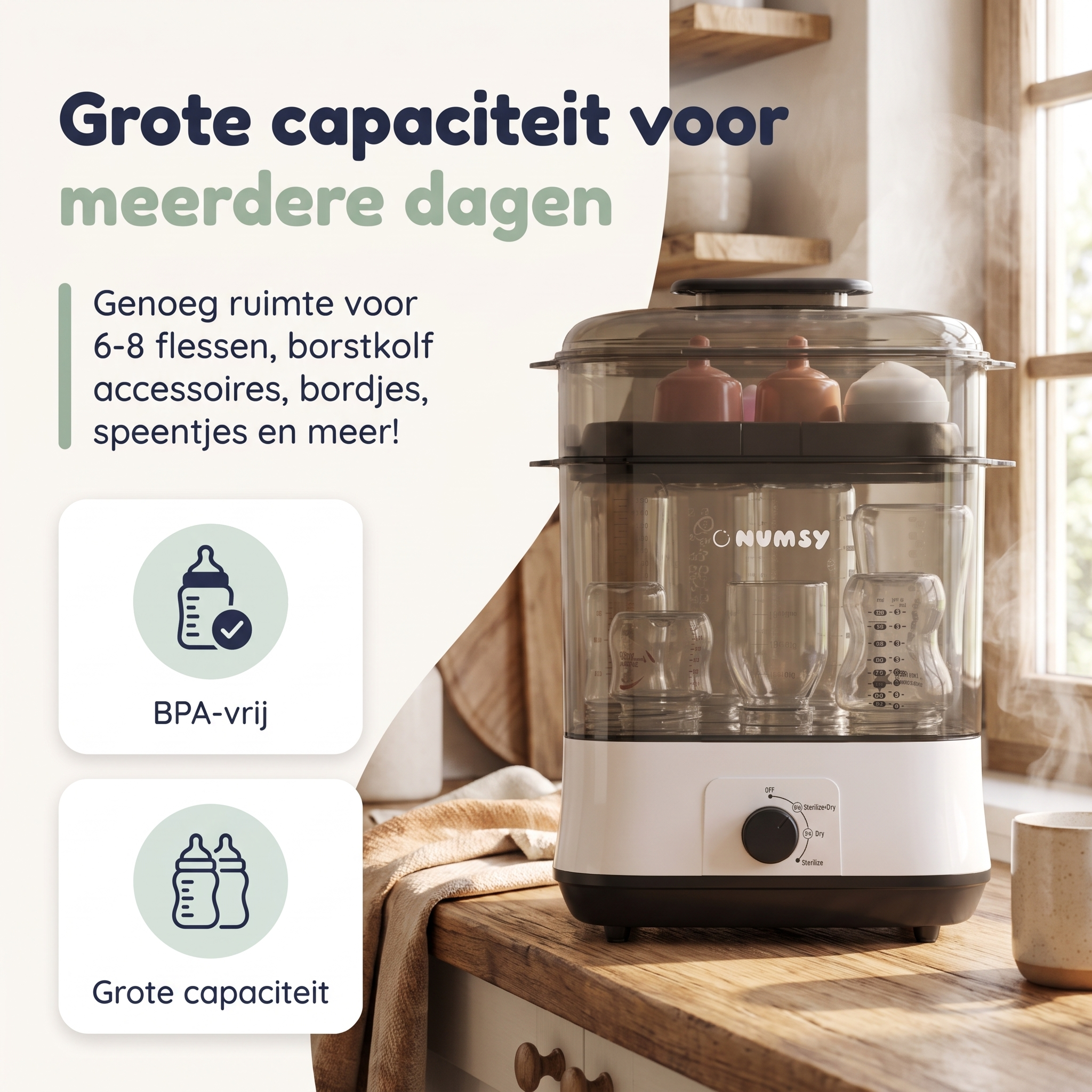 Zo werkt de Numsy Steamix Pro: water erin, flessen erin, draaien