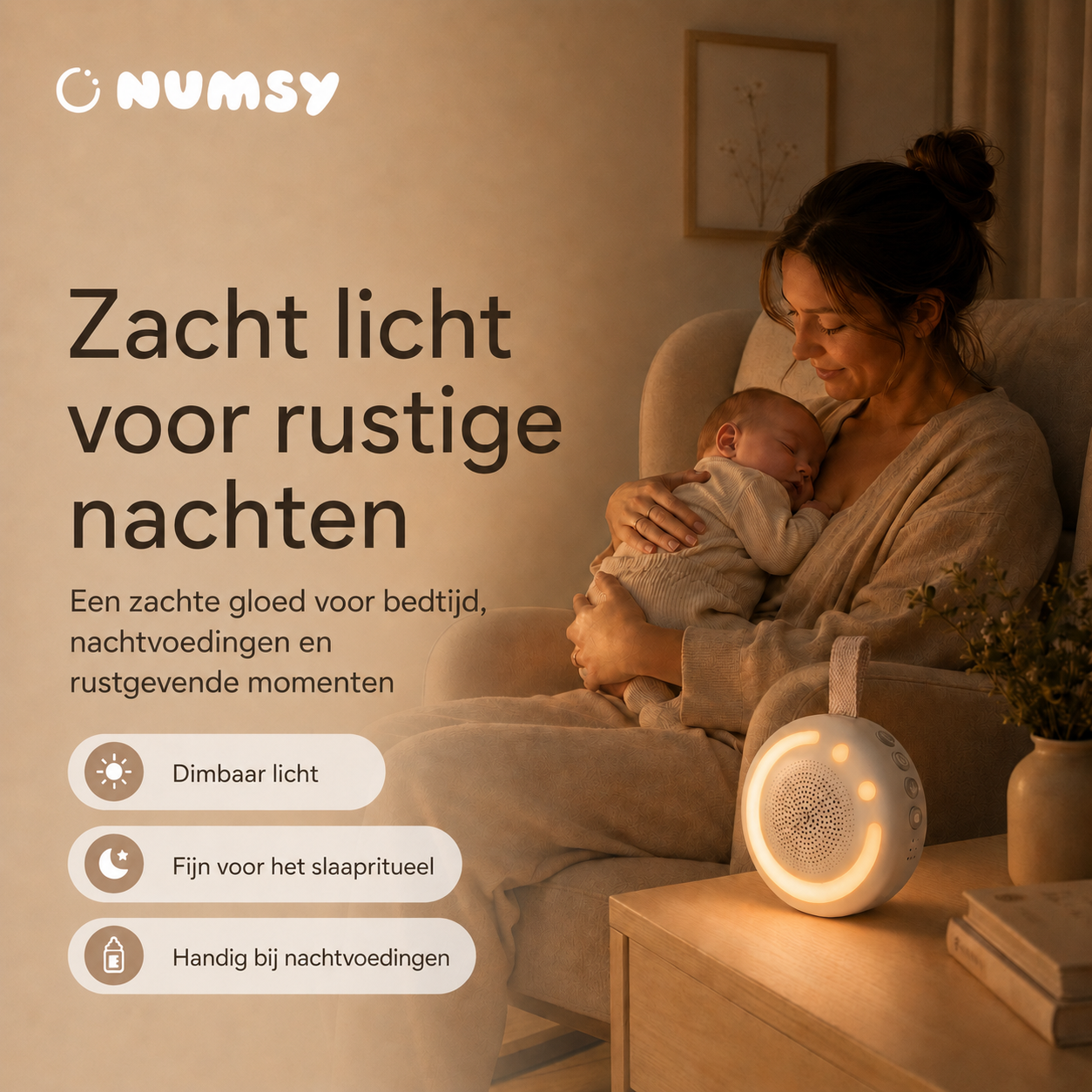 Zacht ademend nachtlampje van de Numsy Shush voor een rustige slaapomgeving