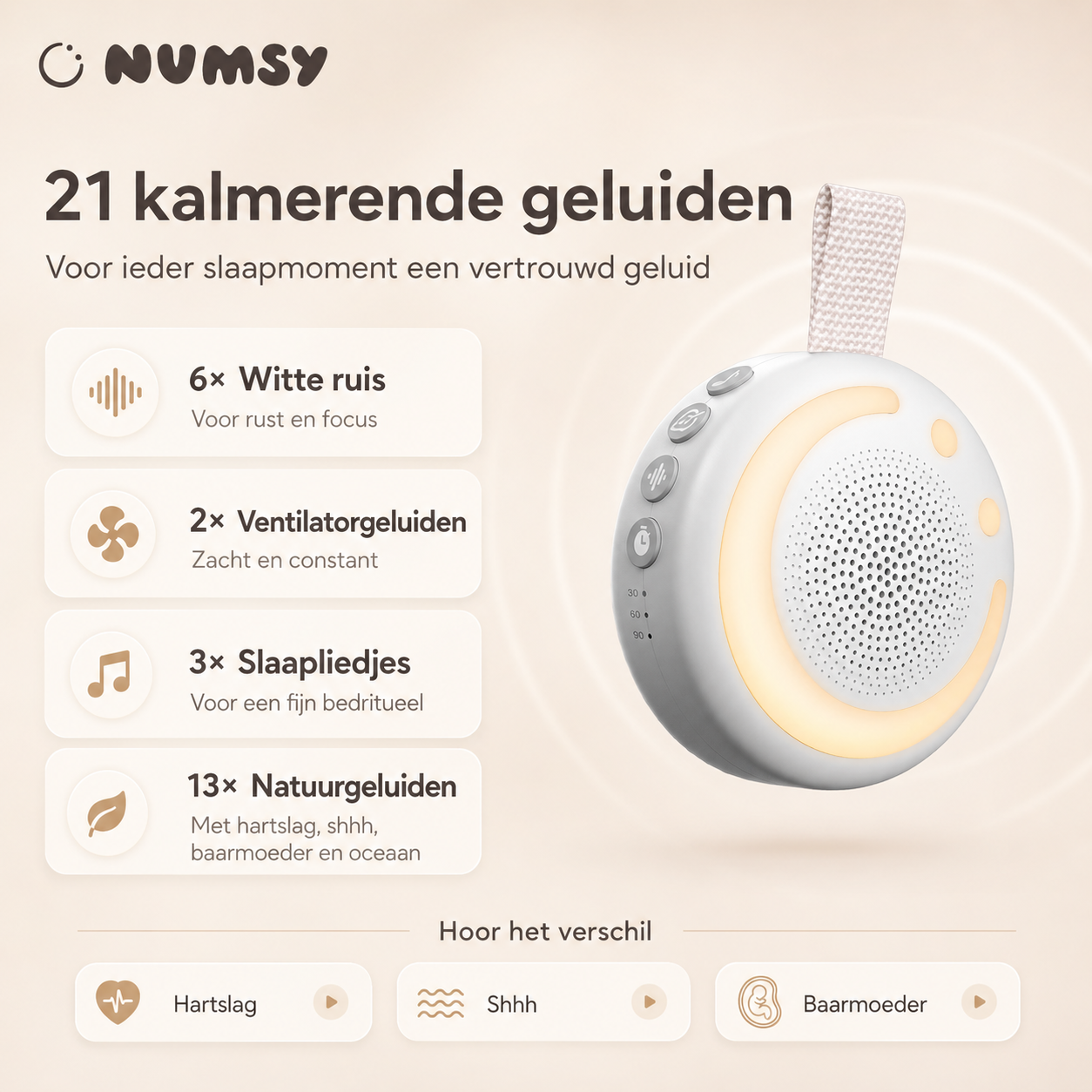 21 geluiden van de Numsy Shush: witte ruis, baarmoeder, hartslag en natuurgeluiden