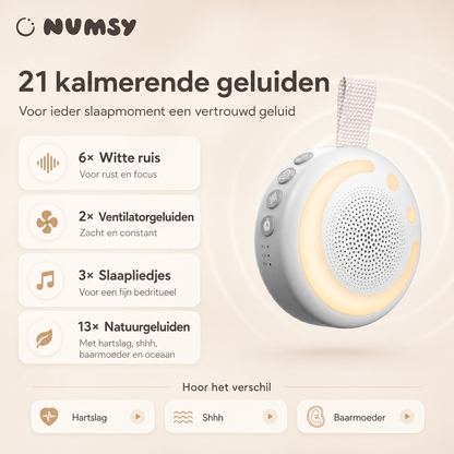 21 geluiden van de Numsy Shush: witte ruis, baarmoeder, hartslag en natuurgeluiden