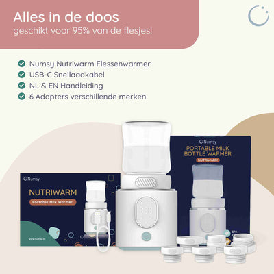 Numsy Nutriwarm Draagbare Flessenwarmer Onderweg - 6 Adapters - 4 Standen