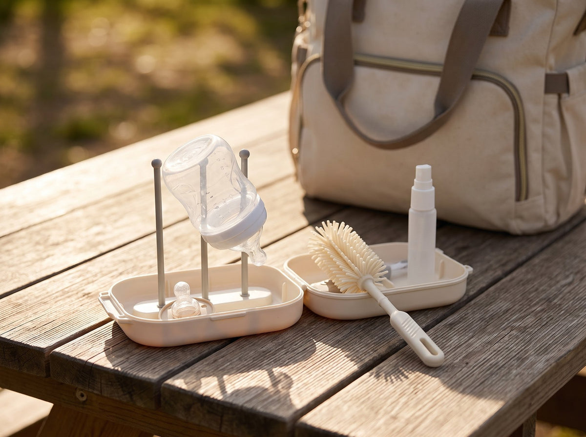 Numsy Portable droogrek opengeklapt op een picknicktafel