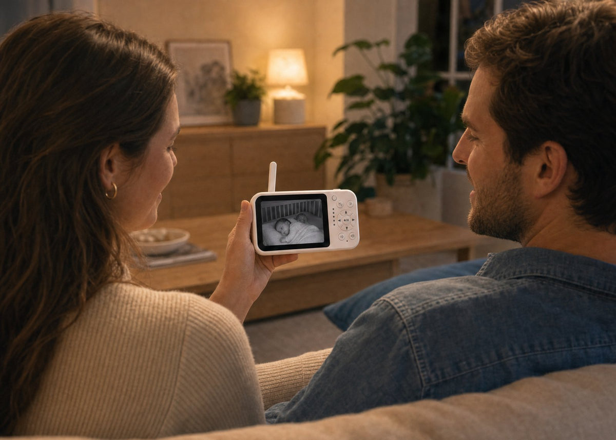 Ouders kijken samen op de Numsy One monitor, zonder wifi of app
