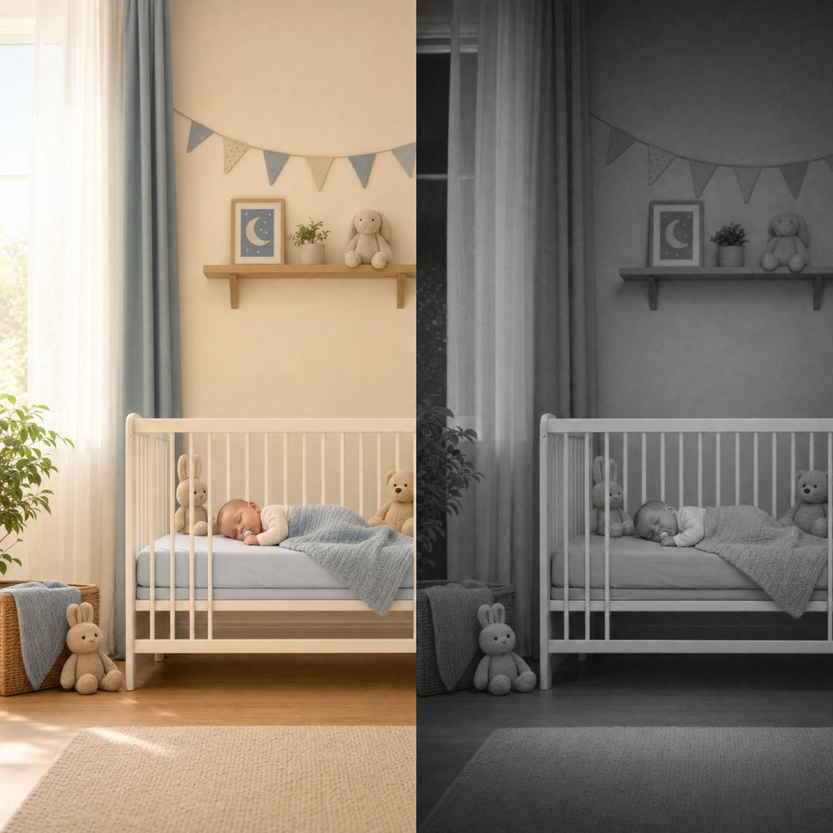 Dezelfde babykamer overdag en met nachtzicht