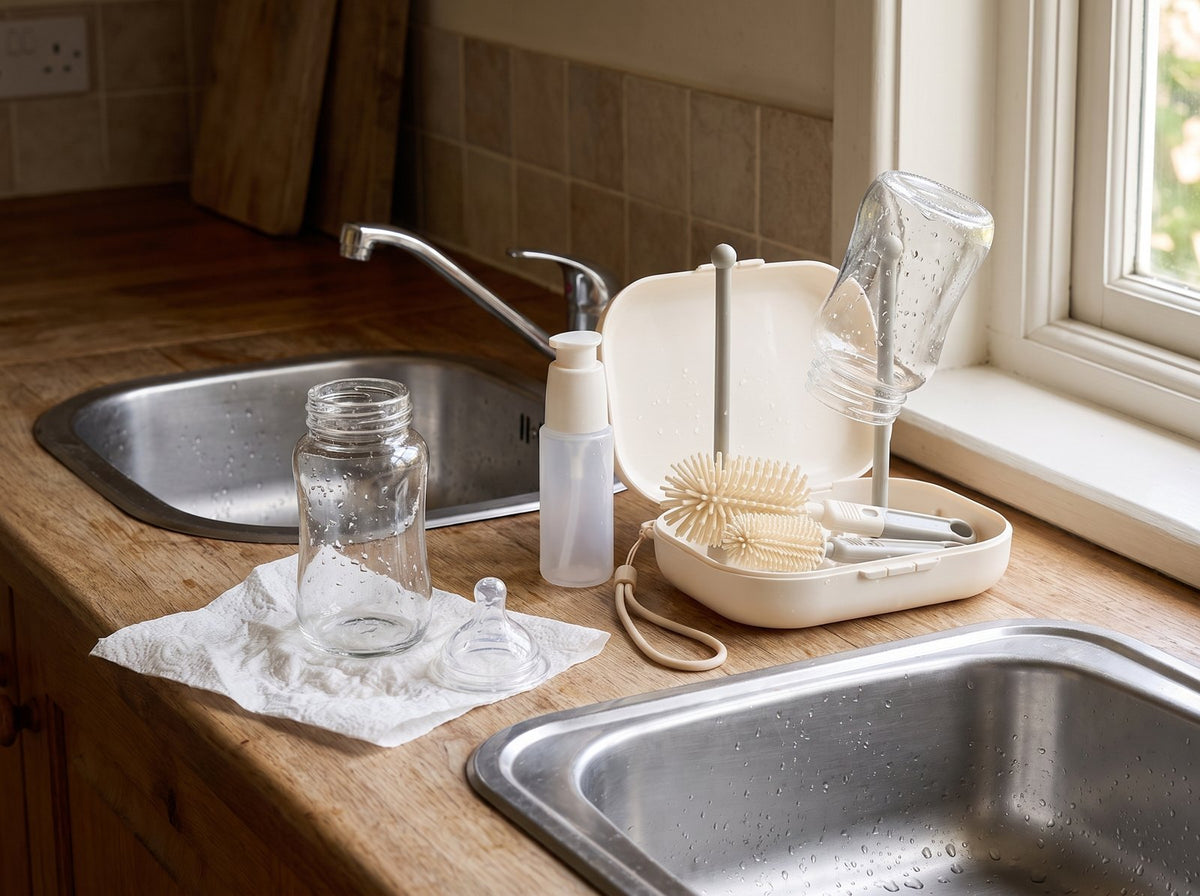 Omspoelen of echt schoonmaken: natte fles op keukenpapier naast de Numsy schoonmaakset