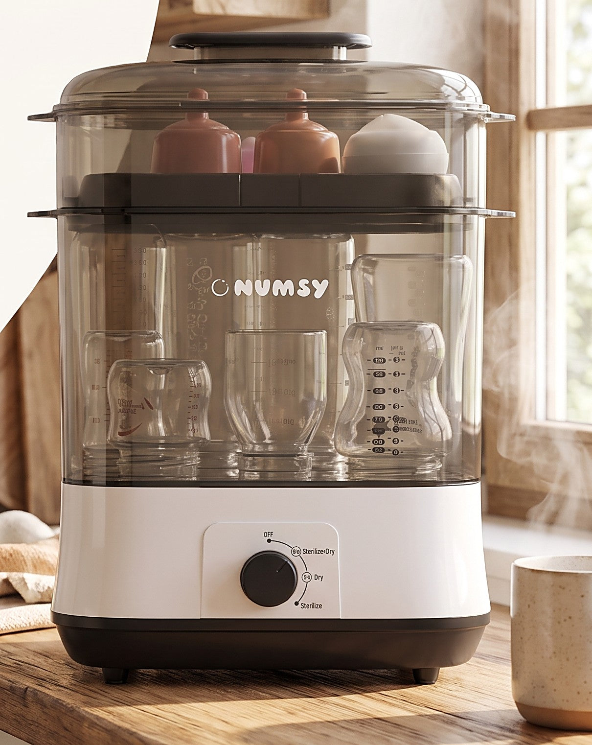 Numsy Steamix Pro met flessen en stoom op het aanrecht